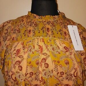 CAROLINA BELLE NWT Yellow Floral Smocked Neck Flutter Sleeve Blouse Top M
